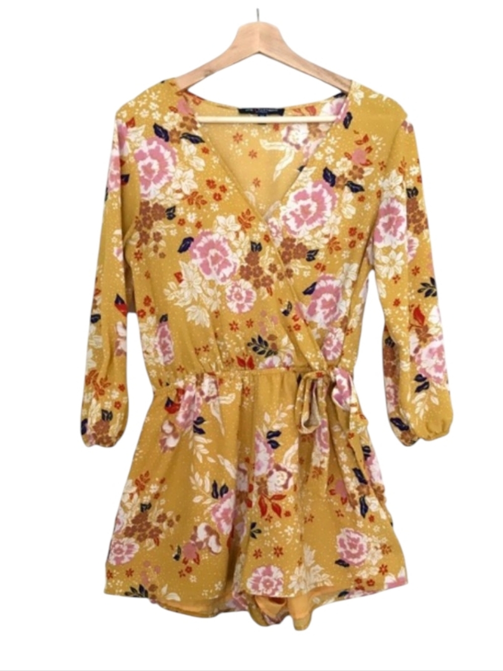One Clothing Yellow Floral Long Sleeve Romper | Faux Wrap V-Neck - Size M
